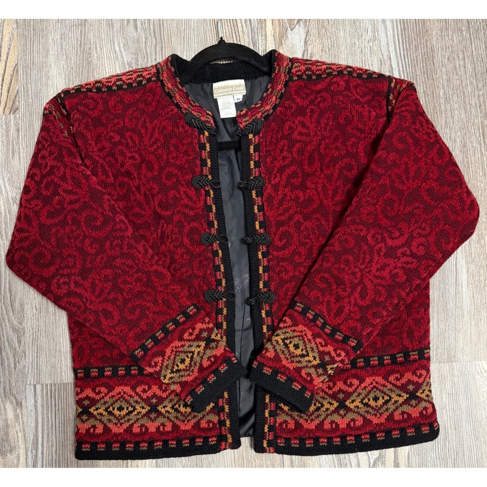 Coldwater Creek Red Wool Blend Frog Closure Cardigan Jacket Damask Boho Womens M